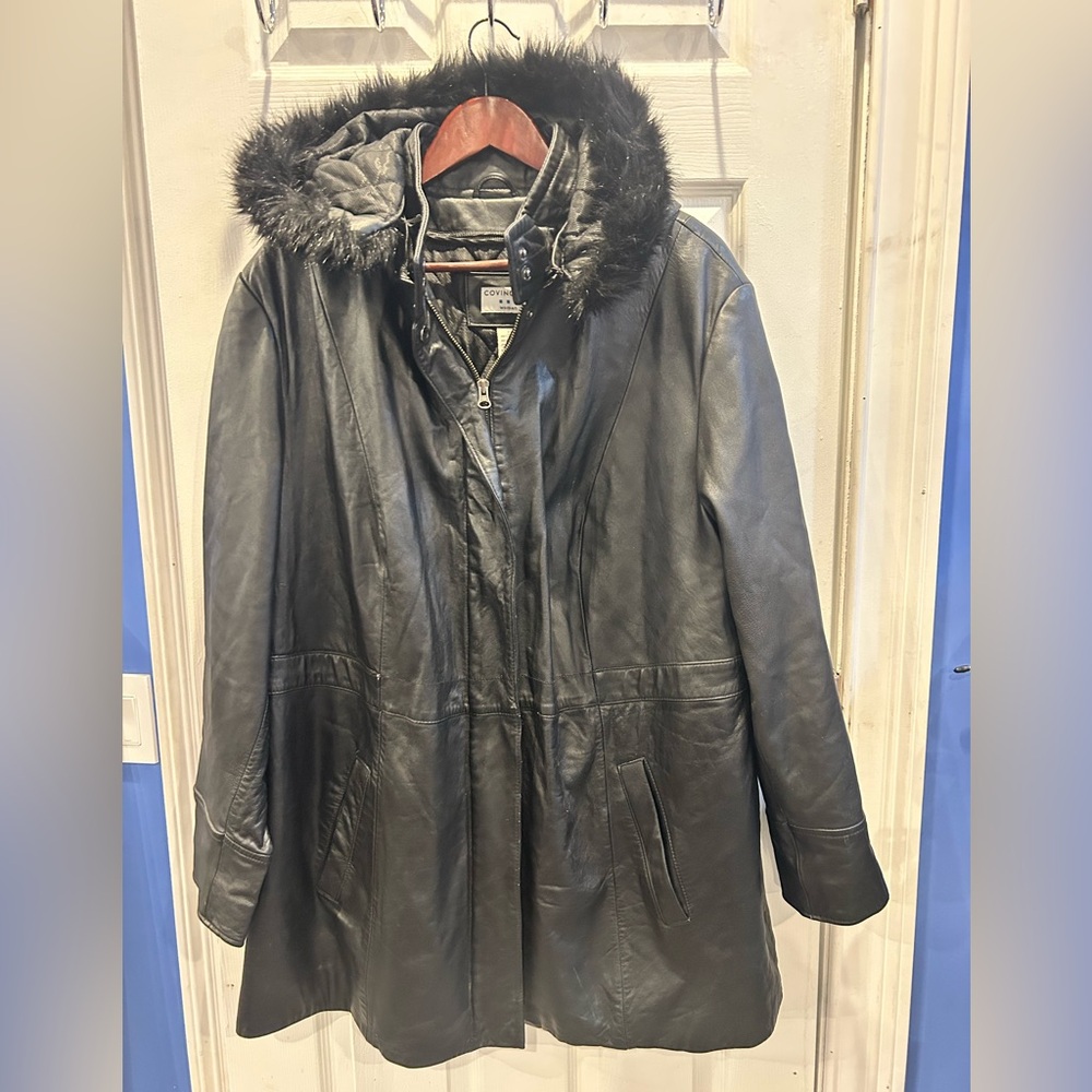 Covington Black Faux Leather Jacket with Faux Fur Hood 20W